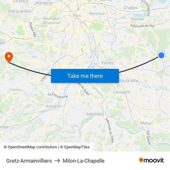Gretz-Armainvilliers to Milon-La-Chapelle map