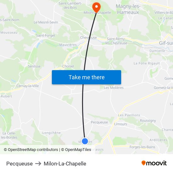 Pecqueuse to Milon-La-Chapelle map