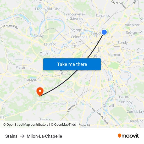 Stains to Milon-La-Chapelle map
