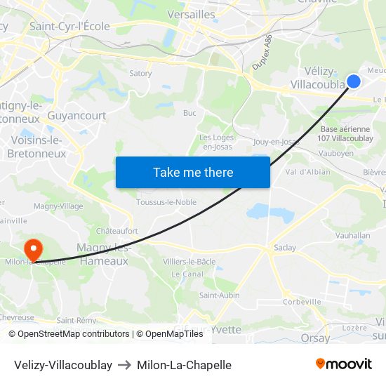 Velizy-Villacoublay to Milon-La-Chapelle map
