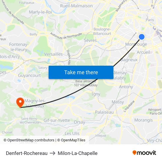 Denfert-Rochereau to Milon-La-Chapelle map