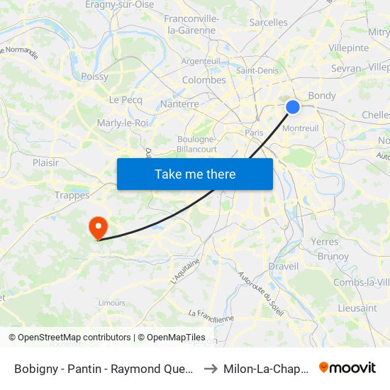 Bobigny - Pantin - Raymond Queneau to Milon-La-Chapelle map