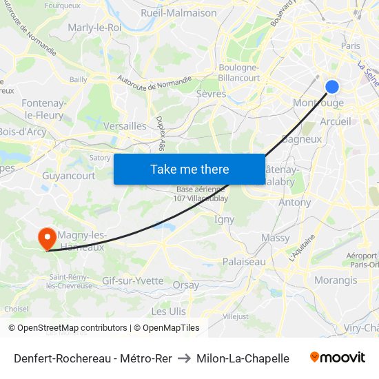 Denfert-Rochereau - Métro-Rer to Milon-La-Chapelle map