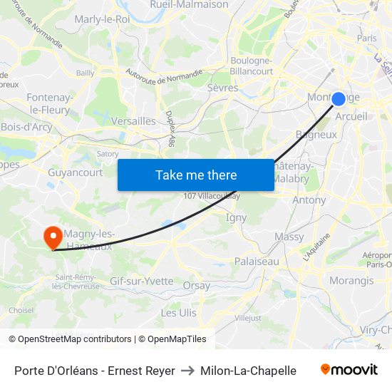 Porte D'Orléans - Ernest Reyer to Milon-La-Chapelle map