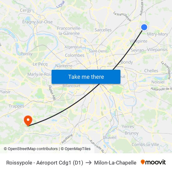 Roissypole - Aéroport Cdg1 (D1) to Milon-La-Chapelle map