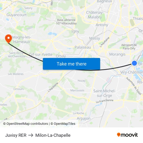 Juvisy RER to Milon-La-Chapelle map