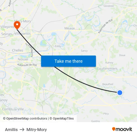 Amillis to Mitry-Mory map