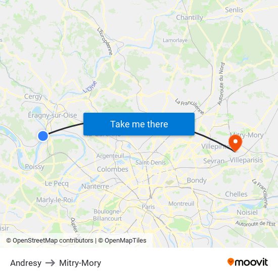 Andresy to Mitry-Mory map