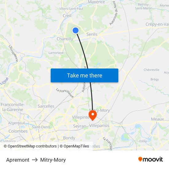 Apremont to Mitry-Mory map