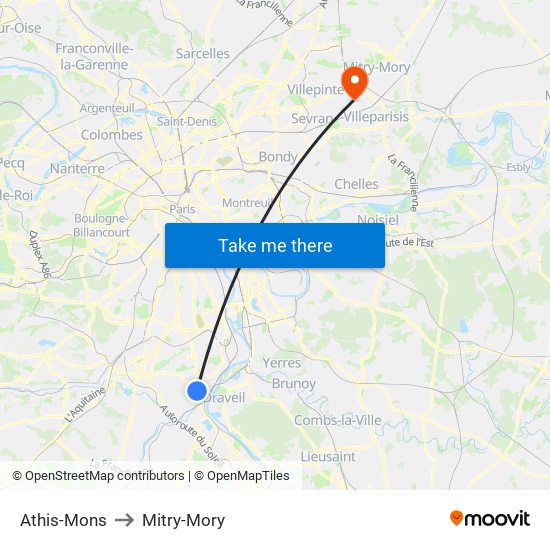 Athis-Mons to Mitry-Mory map