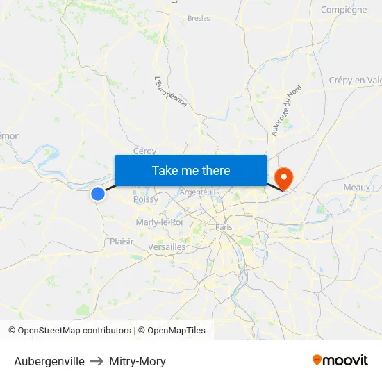 Aubergenville to Mitry-Mory map