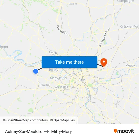 Aulnay-Sur-Mauldre to Mitry-Mory map