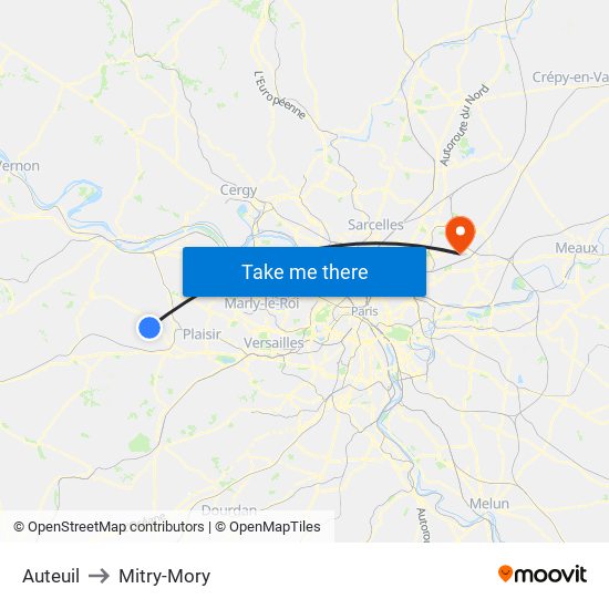 Auteuil to Mitry-Mory map