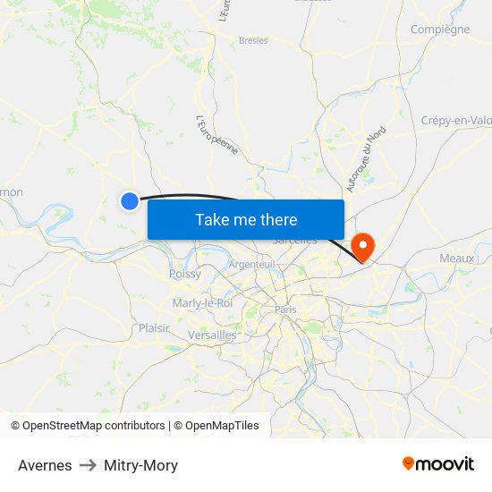 Avernes to Mitry-Mory map