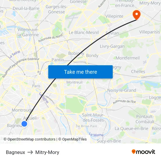 Bagneux to Mitry-Mory map