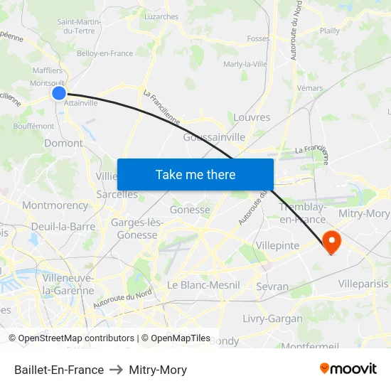 Baillet-En-France to Mitry-Mory map