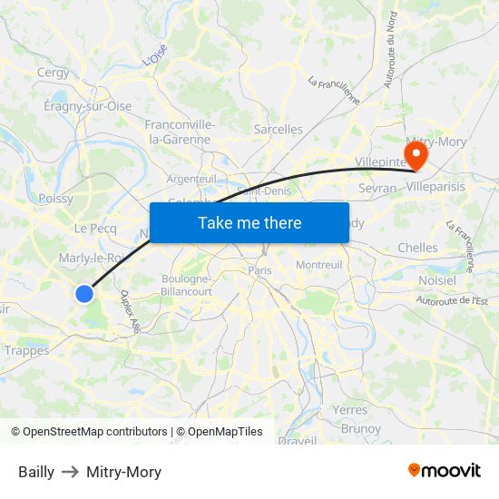 Bailly to Mitry-Mory map