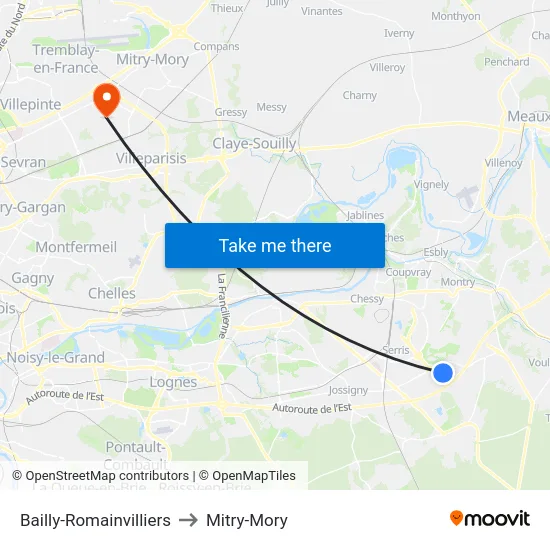 Bailly-Romainvilliers to Mitry-Mory map