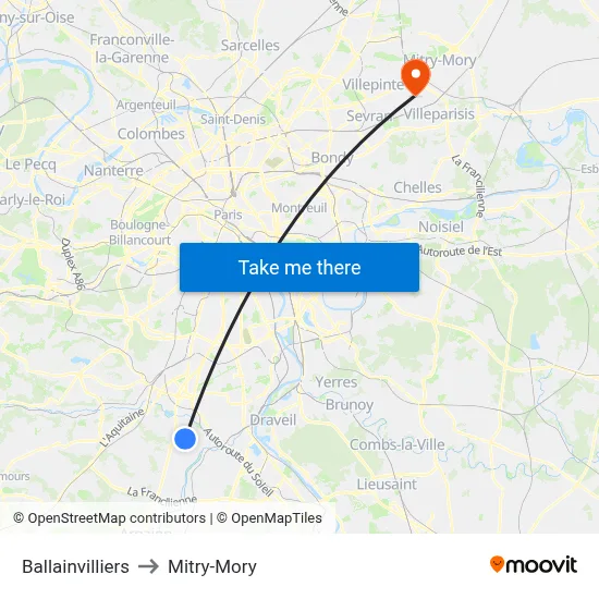 Ballainvilliers to Mitry-Mory map