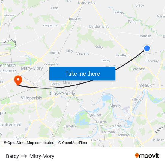 Barcy to Mitry-Mory map