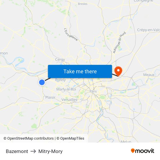 Bazemont to Mitry-Mory map