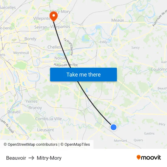 Beauvoir to Mitry-Mory map