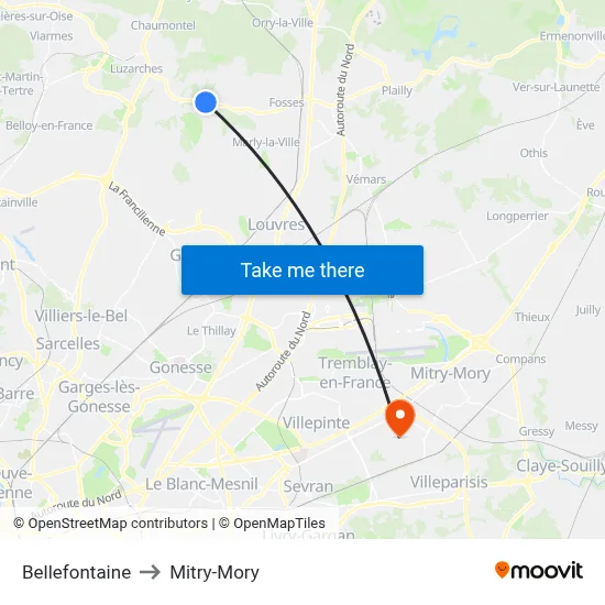 Bellefontaine to Mitry-Mory map