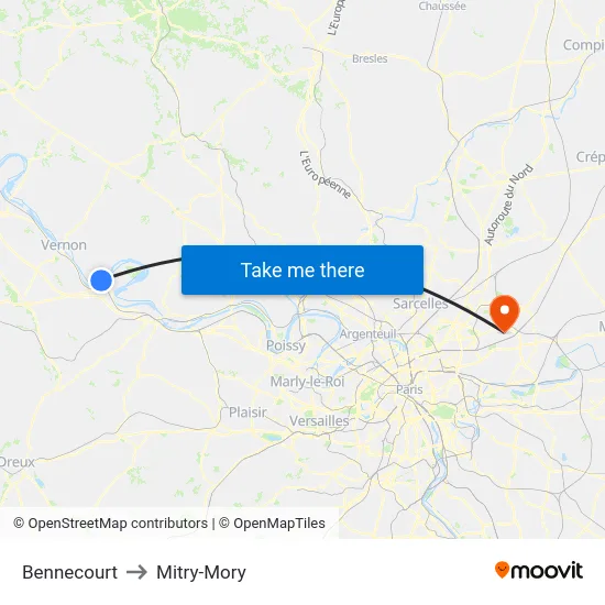 Bennecourt to Mitry-Mory map
