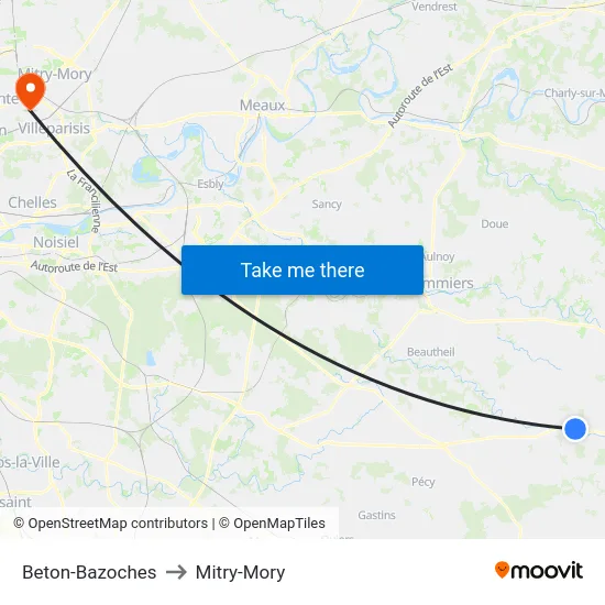 Beton-Bazoches to Mitry-Mory map