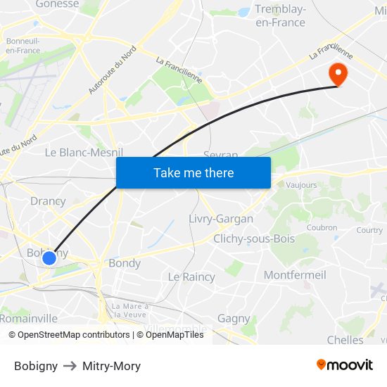 Bobigny to Mitry-Mory map