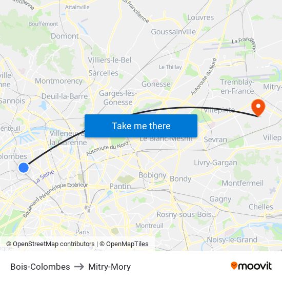 Bois-Colombes to Mitry-Mory map