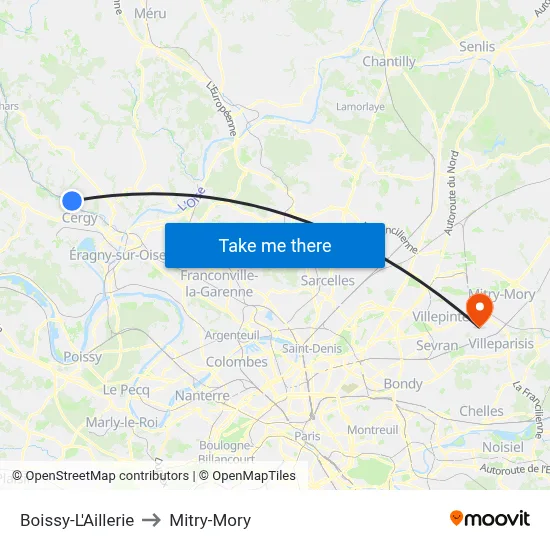 Boissy-L'Aillerie to Mitry-Mory map