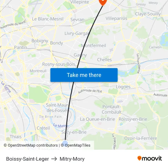 Boissy-Saint-Leger to Mitry-Mory map