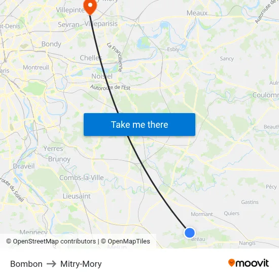 Bombon to Mitry-Mory map