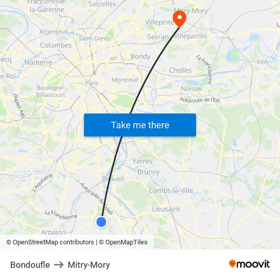 Bondoufle to Mitry-Mory map