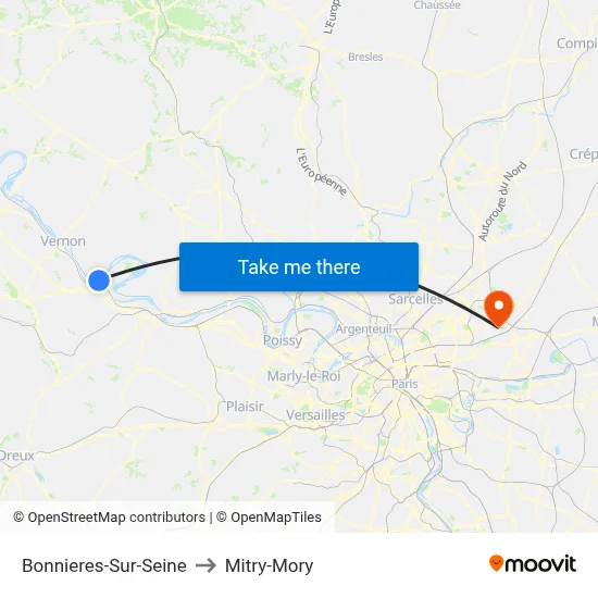 Bonnieres-Sur-Seine to Mitry-Mory map