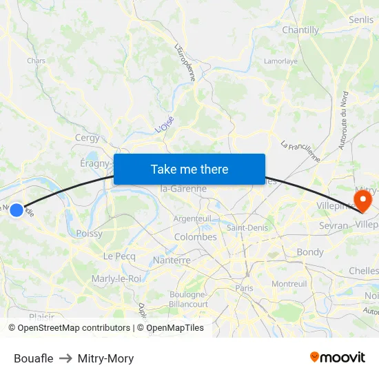 Bouafle to Mitry-Mory map