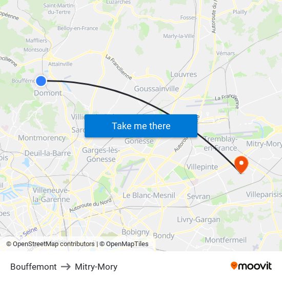 Bouffemont to Mitry-Mory map