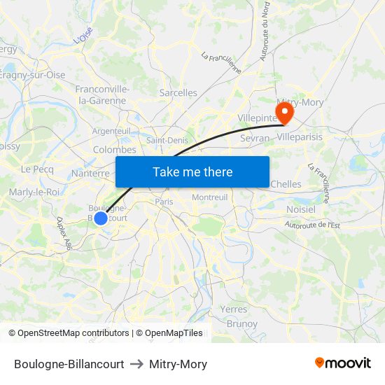 Boulogne-Billancourt to Mitry-Mory map