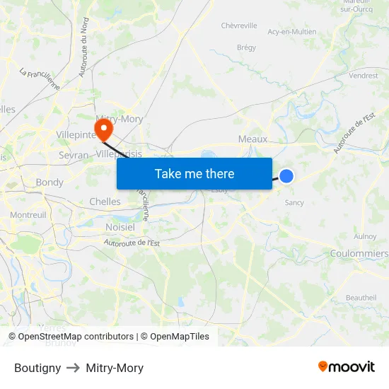 Boutigny to Mitry-Mory map