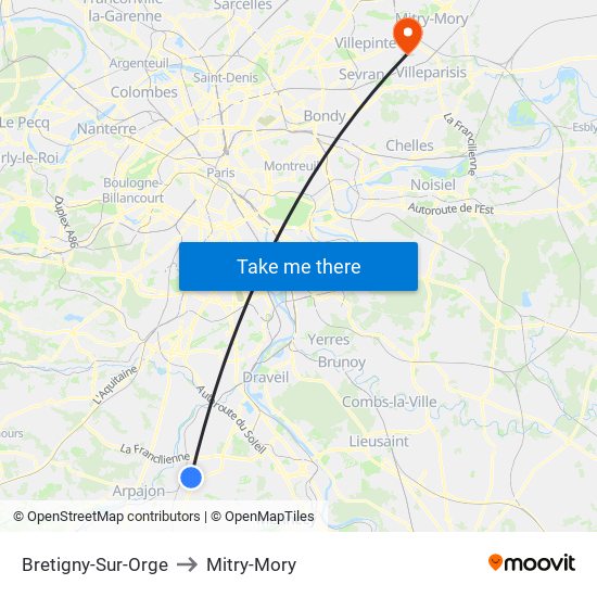 Bretigny-Sur-Orge to Mitry-Mory map
