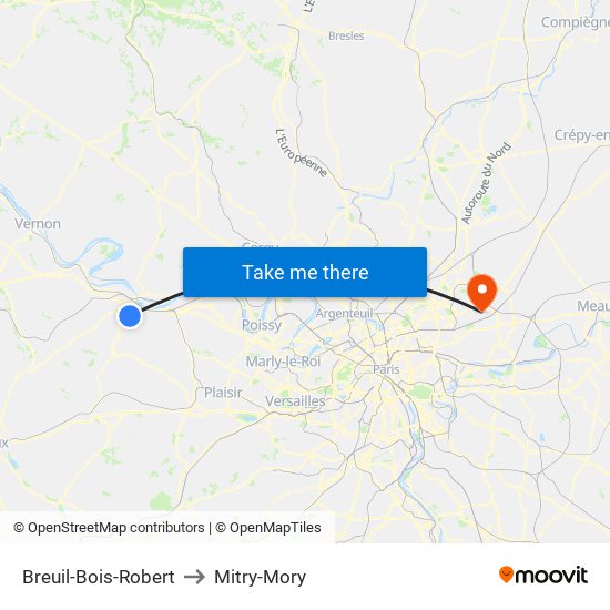 Breuil-Bois-Robert to Mitry-Mory map