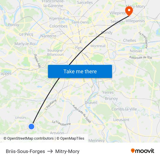 Briis-Sous-Forges to Mitry-Mory map