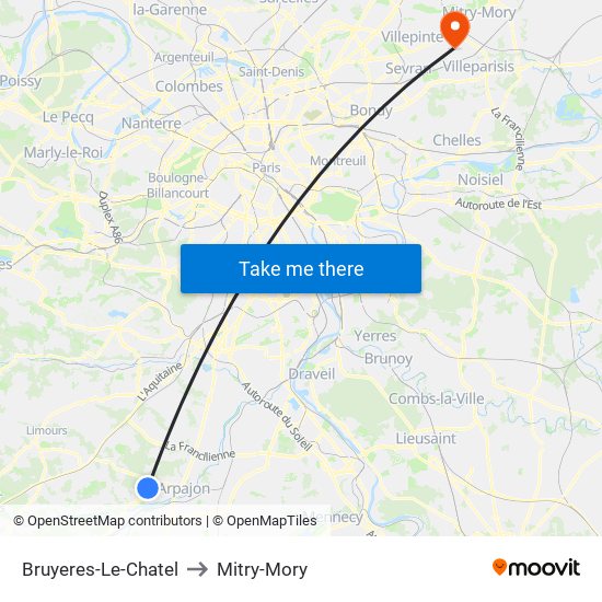 Bruyeres-Le-Chatel to Mitry-Mory map