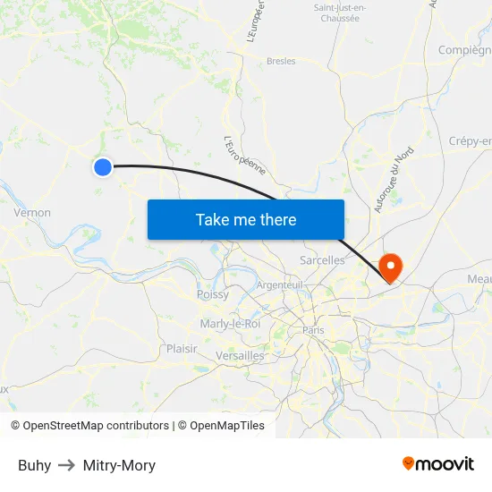 Buhy to Mitry-Mory map
