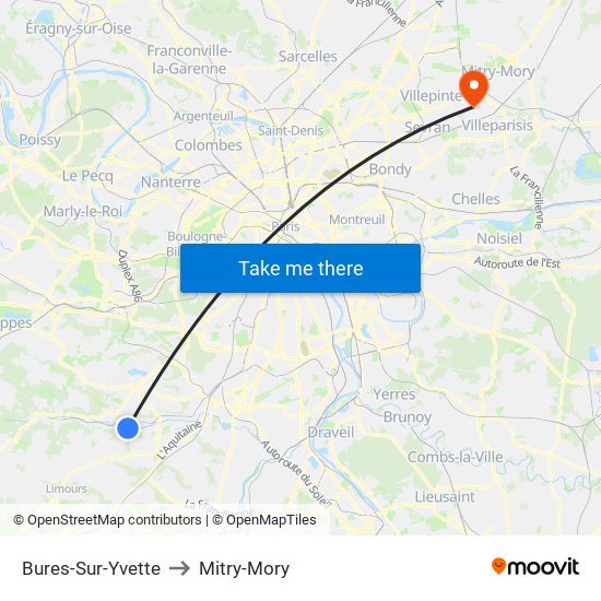 Bures-Sur-Yvette to Mitry-Mory map