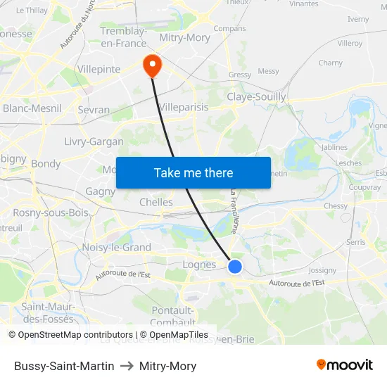 Bussy-Saint-Martin to Mitry-Mory map