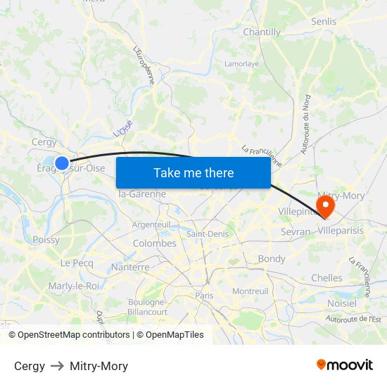 Cergy to Mitry-Mory map