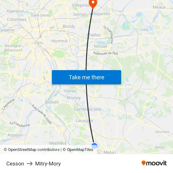 Cesson to Mitry-Mory map