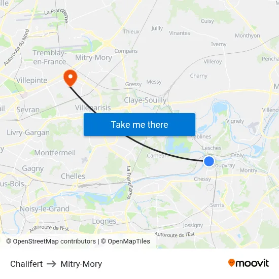 Chalifert to Mitry-Mory map